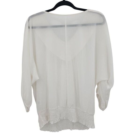 Retro White Blouse Sz M Silver Beaded Sheer Batwing Peasant Glam Pullover - Picture 6 of 9